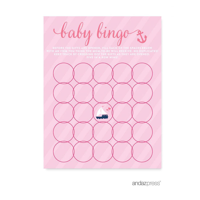 Pink Girl Nautical Baby Shower Games & Fun Activities-Set of 20-Andaz Press-Baby Bingo-