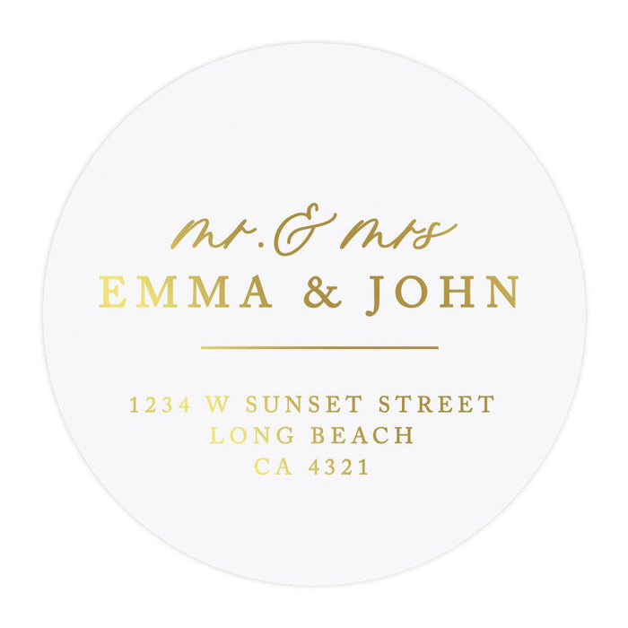 Round Clear Custom Wedding Return Address Labels with Gold Ink, Set of 40-Set of 40-Andaz Press-Mr. & Mrs.-
