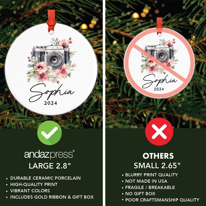 Set of 1 Ceramic Film Camera Ornament 20XX, Custom Christmas Decoration for Photographers-Set of 1-Andaz Press-Floral Camera-