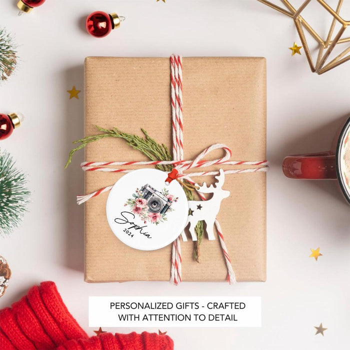 Set of 1 Ceramic Film Camera Ornament 20XX, Custom Christmas Decoration for Photographers-Set of 1-Andaz Press-Floral Camera-