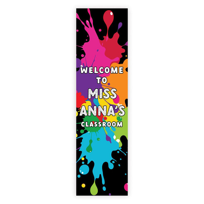 Set of 1 Custom 13x48 Vertical Classroom Door Sign | Welcome & Teacher Decor-Set of 1-Andaz Press-Vertical Paint Drops & Blots Banner-