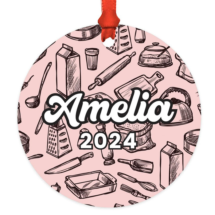 Set of 1 Custom Baking Metal Ornament for Christmas Tree 20XX Gift for Bakers-Set of 1-Andaz Press-Pink Stand Mixer with Red Bow-