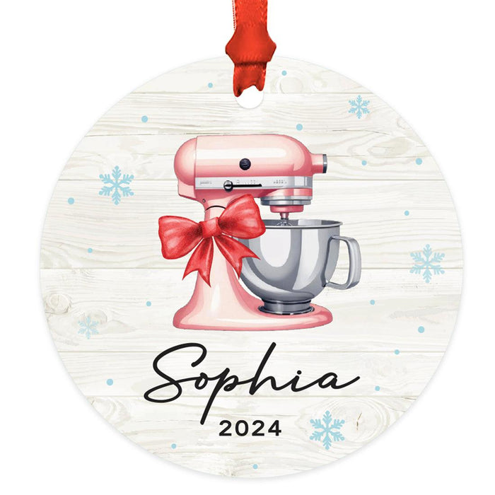 Set of 1 Custom Baking Metal Ornament for Christmas Tree 20XX Gift for Bakers-Set of 1-Andaz Press-Pink Stand Mixer with Red Bow-