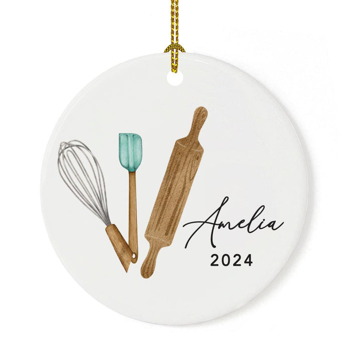 Set of 1 Custom Ceramic Baking Ornament for Christmas Tree 20XX Funny Gift for Bakers-Set of 1-Andaz Press-Watercolor Baking Tools-