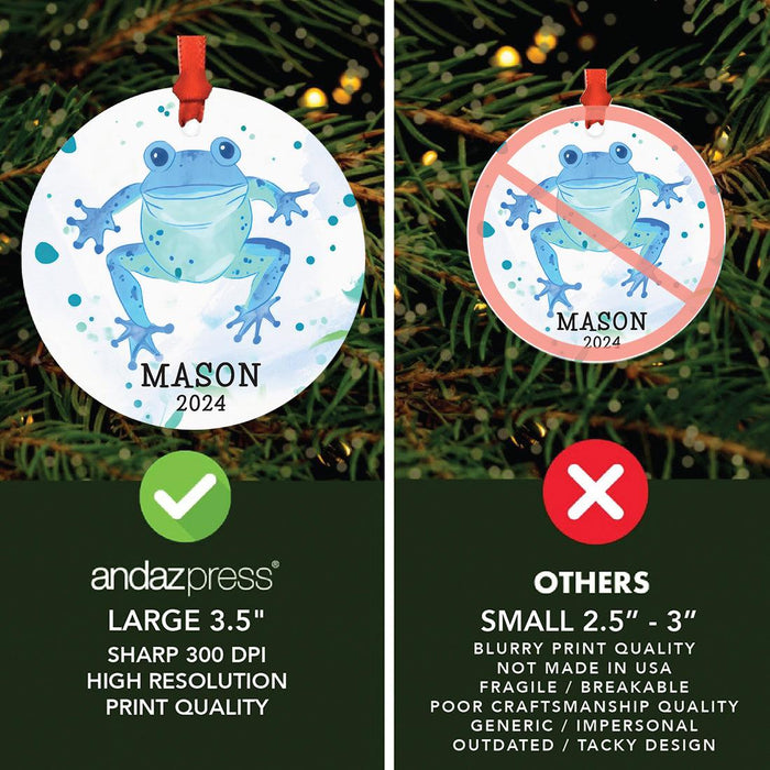 Set of 1 Custom Christmas Frog Metal Ornament 20XX, Frog Decor for Tree-Set of 1-Andaz Press-Watercolor Frog-