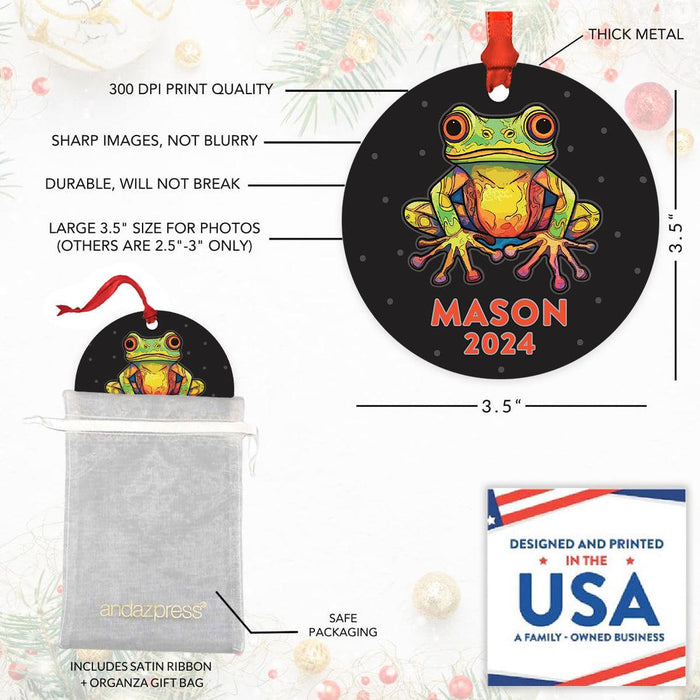 Set of 1 Custom Christmas Frog Metal Ornament 20XX, Frog Decor for Tree-Set of 1-Andaz Press-Watercolor Frog-