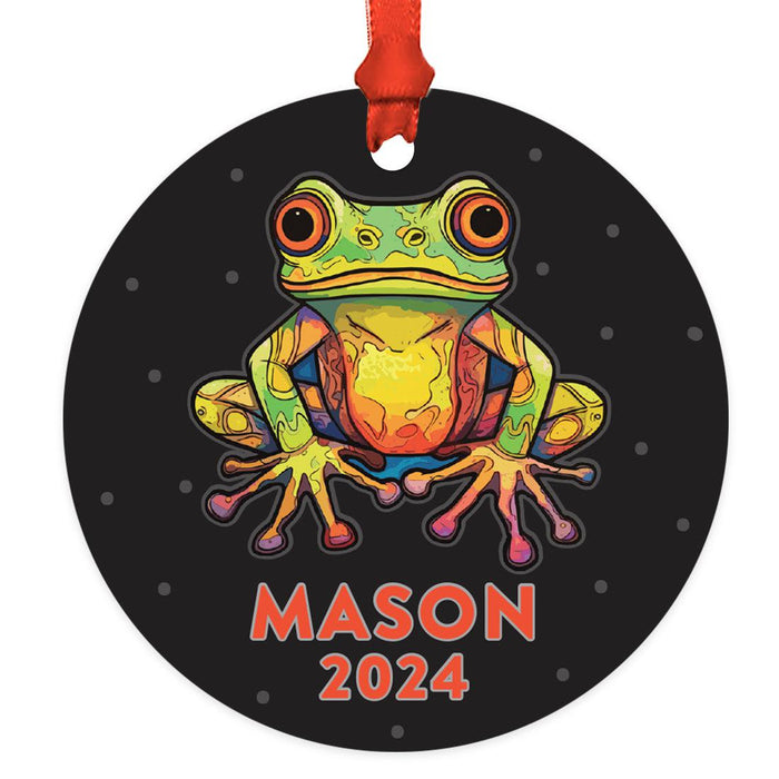 Set of 1 Custom Christmas Frog Metal Ornament 20XX, Frog Decor for Tree-Set of 1-Andaz Press-Colorful Frog-