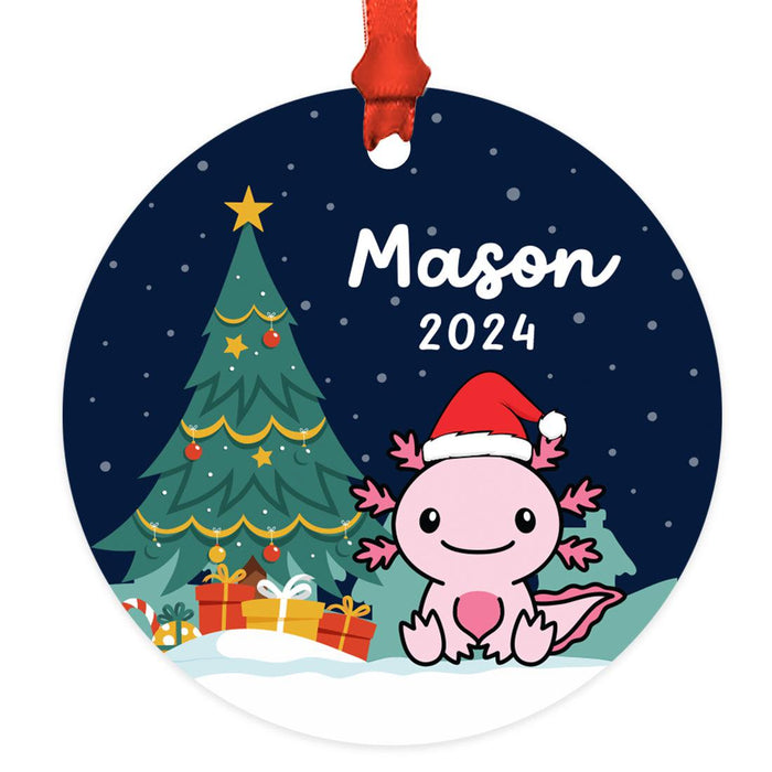 Set of 1 Custom Metal Axolotl Ornament for Kids – Cute Christmas Tree Decoration-Set of 1-Andaz Press-Axolotl with Santa Hat-