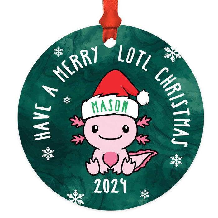 Set of 1 Custom Metal Axolotl Ornament for Kids – Cute Christmas Tree Decoration-Set of 1-Andaz Press-Axolotl with Santa Hat-