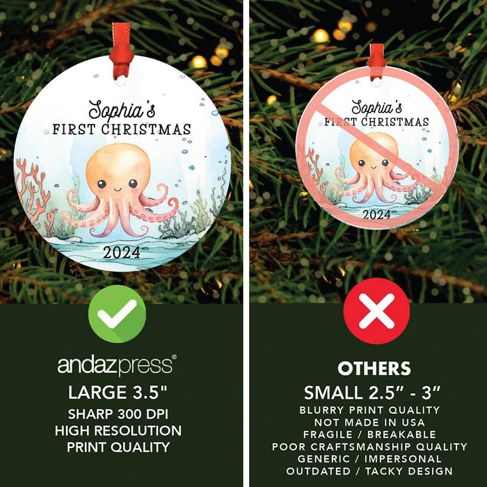 Set of 1 Custom Metal Octopus Ornament 20XX for Kids Christmas Tree Decor-Set of 1-Andaz Press-Cute Octopus First Christmas-