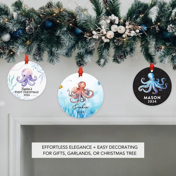 Set of 1 Custom Metal Octopus Ornament 20XX for Kids Christmas Tree Decor-Set of 1-Andaz Press-Cute Octopus First Christmas-