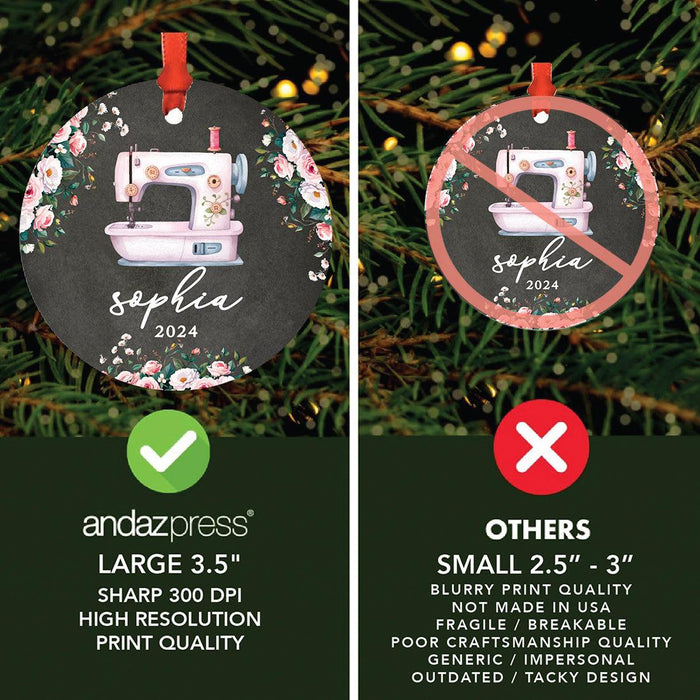 Set of 1 Custom Metal Sewing Machine Ornament for Christmas Tree Great Gift for Sewers and Moms-Set of 1-Andaz Press-Vintage Sewing Machine-