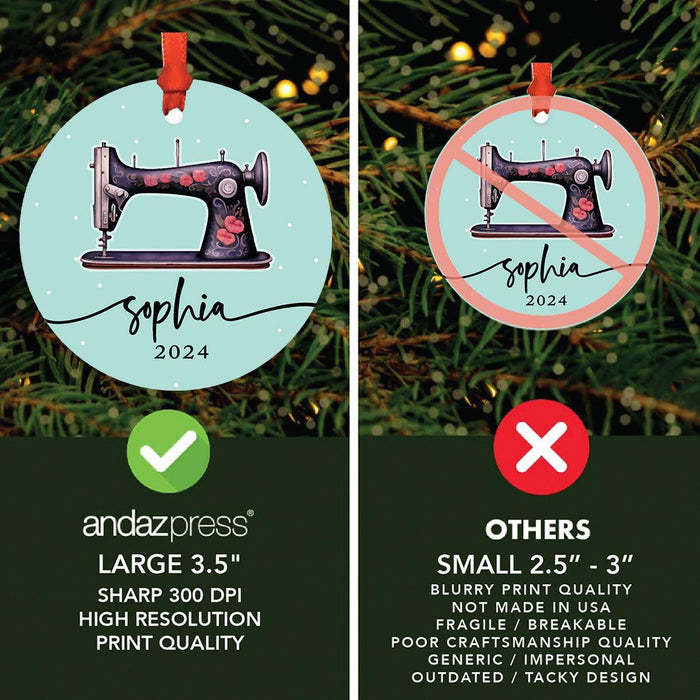 Set of 1 Custom Metal Sewing Machine Ornament for Christmas Tree Great Gift for Sewers and Moms-Set of 1-Andaz Press-Vintage Sewing Machine-