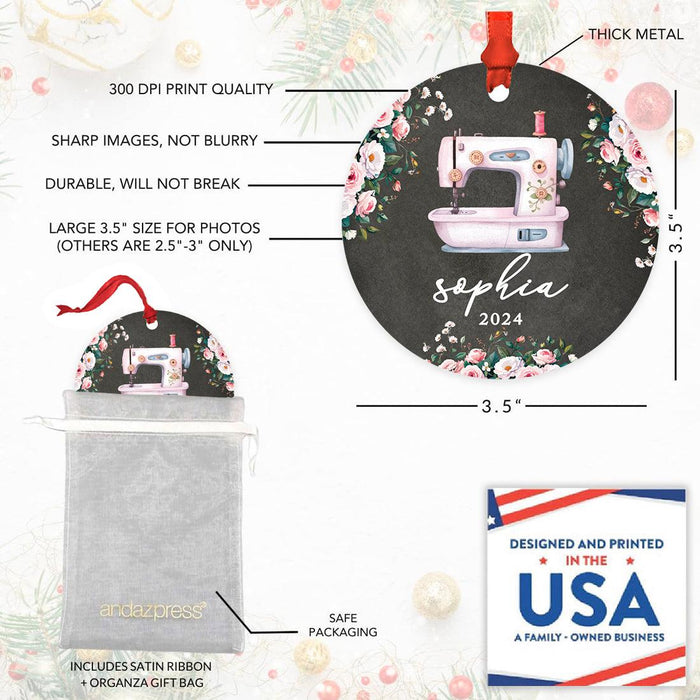 Set of 1 Custom Metal Sewing Machine Ornament for Christmas Tree Great Gift for Sewers and Moms-Set of 1-Andaz Press-Vintage Sewing Machine-
