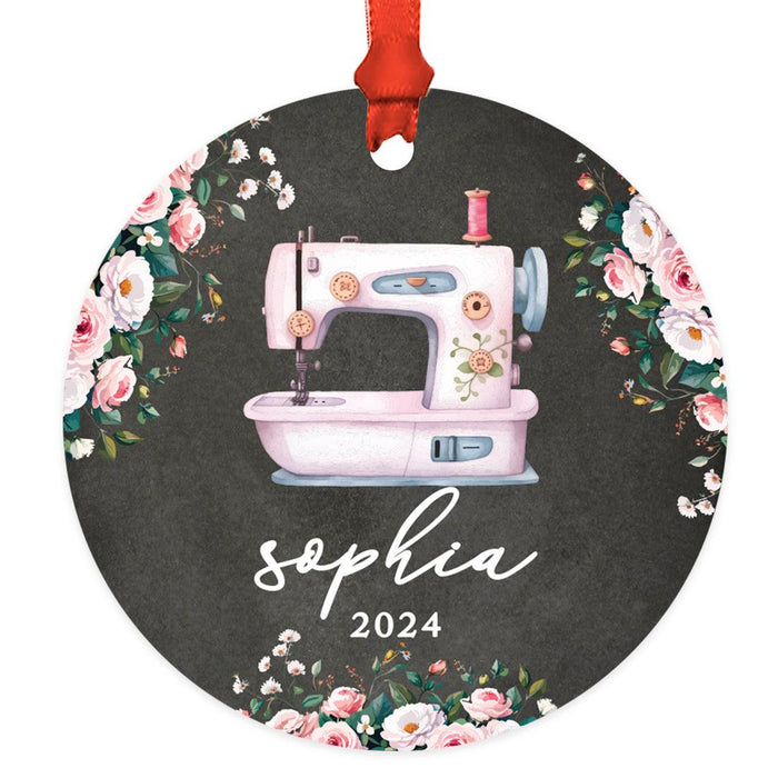 Set of 1 Custom Metal Sewing Machine Ornament for Christmas Tree Great Gift for Sewers and Moms-Set of 1-Andaz Press-Pink Floral Sewing Machine-