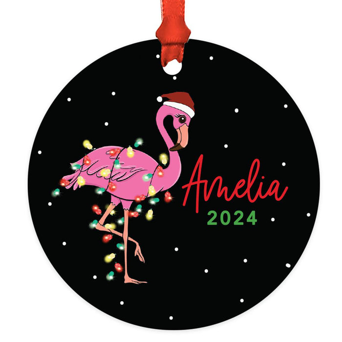 Set of 1 Custom Pink Flamingo Metal Ornament for Christmas Tree-Set of 1-Andaz Press-Baby Flamingo with Santa Hat-