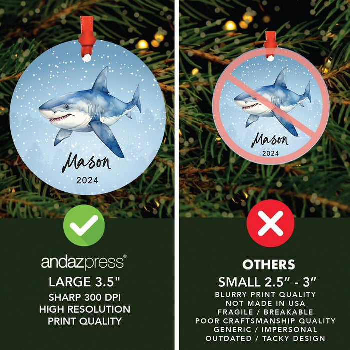 Set of 1 Custom Shark Metal Ornament 20XX, Christmas Ornament for Kids & Marine Life Lovers-Set of 1-Andaz Press-Blue Shark-