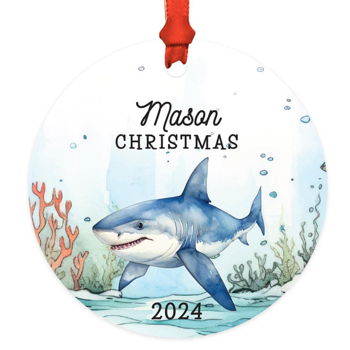 Set of 1 Custom Shark Metal Ornament 20XX, Christmas Ornament for Kids & Marine Life Lovers-Set of 1-Andaz Press-Blue Shark-