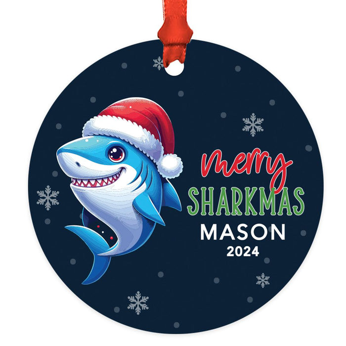 Set of 1 Custom Shark Metal Ornament 20XX, Christmas Ornament for Kids & Marine Life Lovers-Set of 1-Andaz Press-Merry Sharkmas-