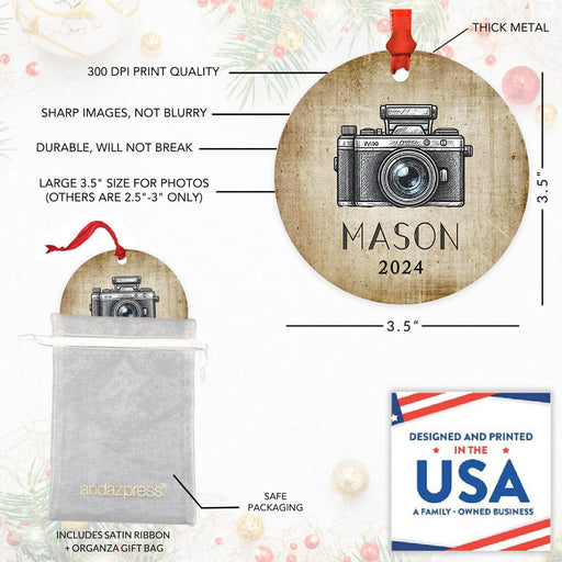 Set of 1 Film Camera Metal Ornament 20XX, Custom Christmas Decor for Photographers-Set of 1-Andaz Press-Vintage Camera-