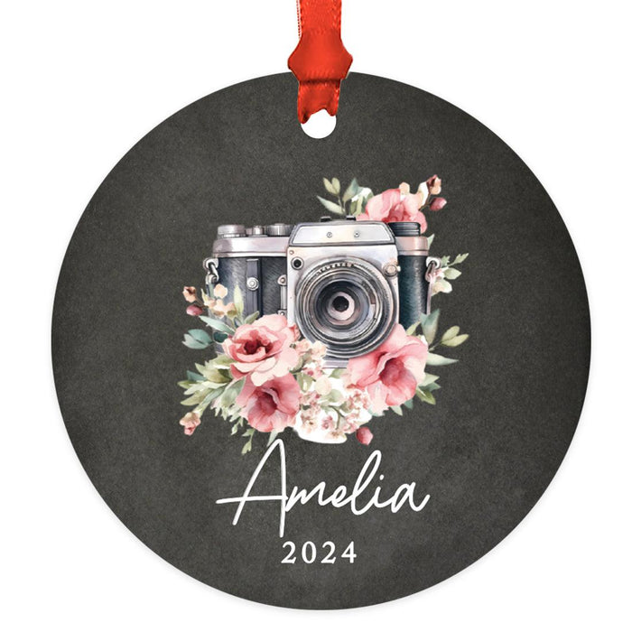 Set of 1 Film Camera Metal Ornament 20XX, Custom Christmas Decor for Photographers-Set of 1-Andaz Press-Floral Vintage Camera Chalkboard Background-