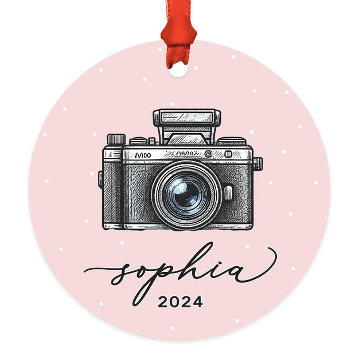 Set of 1 Film Camera Metal Ornament 20XX, Custom Christmas Decor for Photographers-Set of 1-Andaz Press-Pink Vintage Camera-