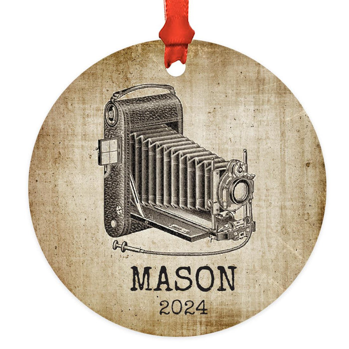 Set of 1 Film Camera Metal Ornament 20XX, Custom Christmas Decor for Photographers-Set of 1-Andaz Press-Vintage Folding Camera-