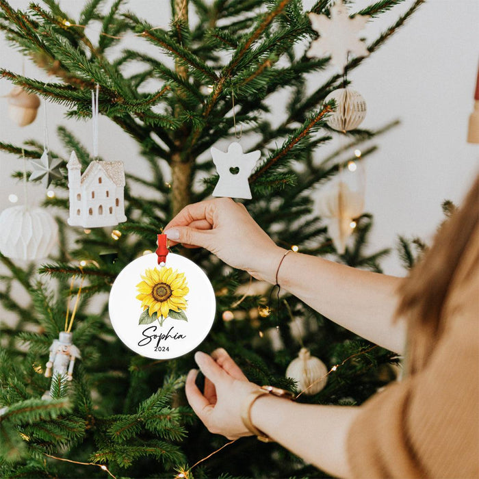 Set of 1 Sunflower Ceramic Ornament for Christmas Tree, Custom Name Gift for Loved Ones-Set of 1-Andaz Press-Sunflower-