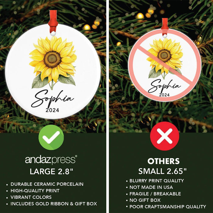 Set of 1 Sunflower Ceramic Ornament for Christmas Tree, Custom Name Gift for Loved Ones-Set of 1-Andaz Press-Sunflower-