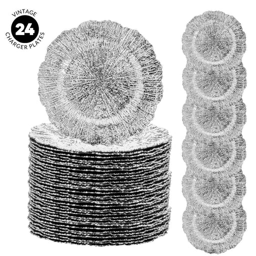 Set of 12 Acrylic Charger Plates Round Flora Bulk Pack-Koyal Wholesale-Metallic Silver-Set of 12-
