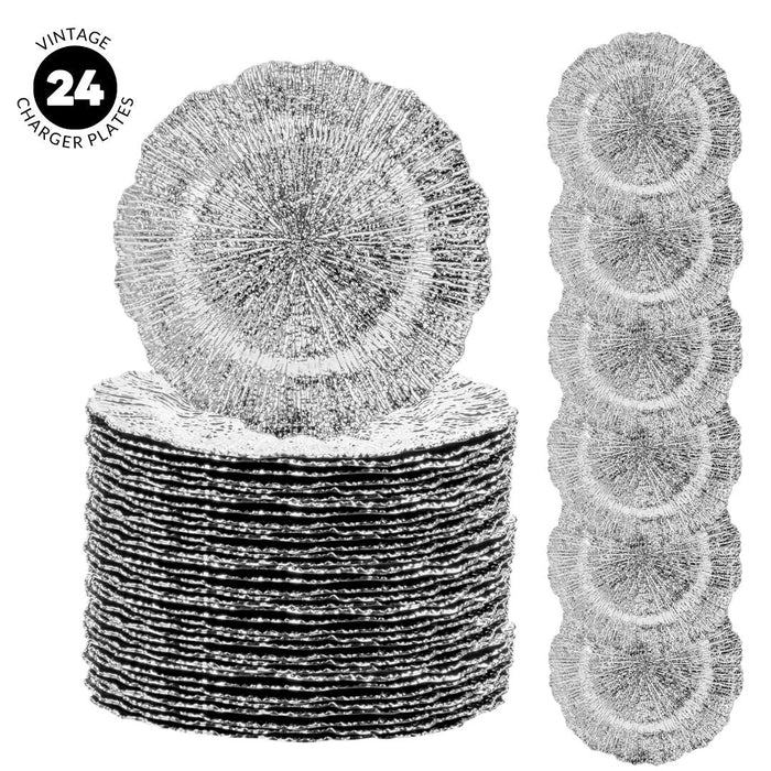 Set of 12 Acrylic Charger Plates Round Flora Bulk Pack-Koyal Wholesale-Metallic Silver-Set of 12-