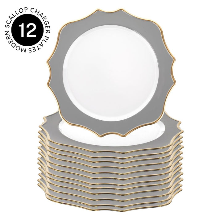 Set of 12 Acrylic Charger Plates Round with Gold Modern Scallop Edge-Set 12-Koyal Wholesale-Black-Set of 12-