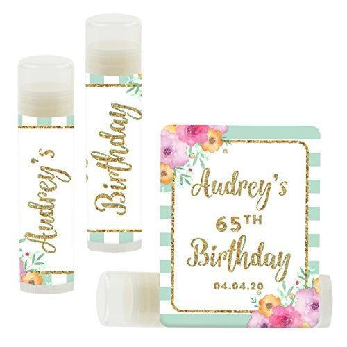 Set of 12 Personalized Milestone Birthday Party Lip Balm Party Favors, Custom Name and Date-Set of 12-Andaz Press-Faux Gold Glitter Shimmer-