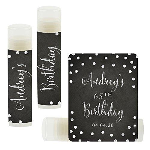 Set of 12 Personalized Milestone Birthday Party Lip Balm Party Favors, Custom Name and Date-Set of 12-Andaz Press-Faux Gold Glitter Shimmer-