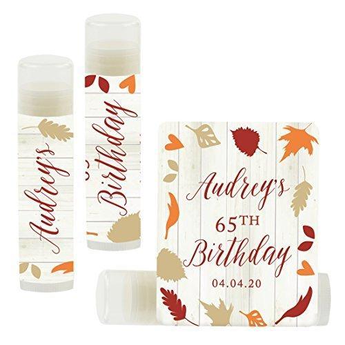Set of 12 Personalized Milestone Birthday Party Lip Balm Party Favors, Custom Name and Date-Set of 12-Andaz Press-Fallin' in Love Autumn Fall Leaves-