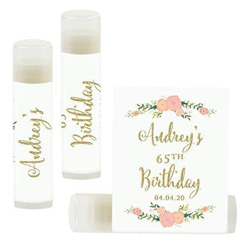 Set of 12 Personalized Milestone Birthday Party Lip Balm Party Favors, Custom Name and Date-Set of 12-Andaz Press-Faux Gold Glitter Print with Florals-