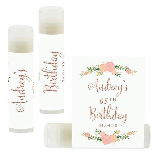 Set of 12 Personalized Milestone Birthday Party Lip Balm Party Favors, Custom Name and Date-Set of 12-Andaz Press-Faux Rose Gold Glitter Print with Florals-