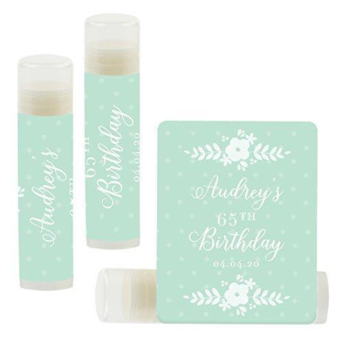 Set of 12 Personalized Milestone Birthday Party Lip Balm Party Favors, Custom Name and Date-Set of 12-Andaz Press-Floral Mint Green-