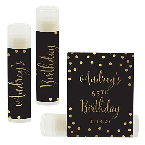 Set of 12 Personalized Milestone Birthday Party Lip Balm Party Favors, Custom Name and Date-Set of 12-Andaz Press-Metallic Gold Ink on Black-
