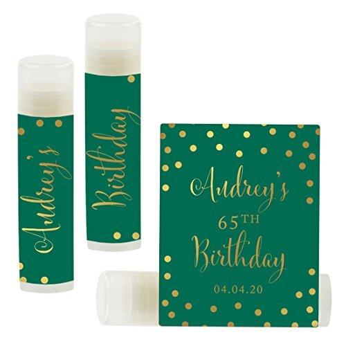 Set of 12 Personalized Milestone Birthday Party Lip Balm Party Favors, Custom Name and Date-Set of 12-Andaz Press-Metallic Gold Ink on Emerald Green-