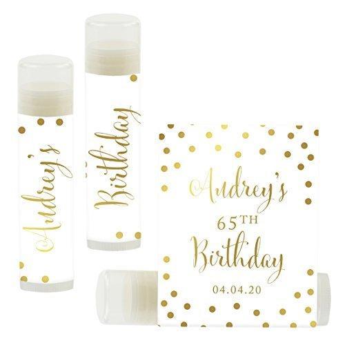 Set of 12 Personalized Milestone Birthday Party Lip Balm Party Favors, Custom Name and Date-Set of 12-Andaz Press-Metallic Gold Ink on White-