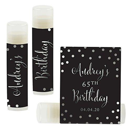 Set of 12 Personalized Milestone Birthday Party Lip Balm Party Favors, Custom Name and Date-Set of 12-Andaz Press-Metallic Silver Ink on Black-