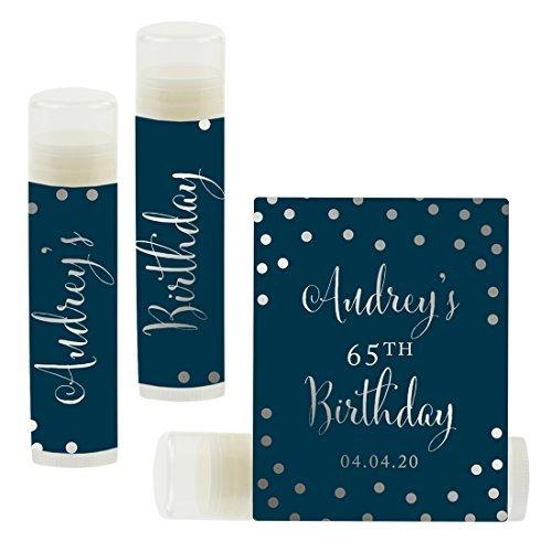 Set of 12 Personalized Milestone Birthday Party Lip Balm Party Favors, Custom Name and Date-Set of 12-Andaz Press-Metallic Silver Ink on Navy Blue-