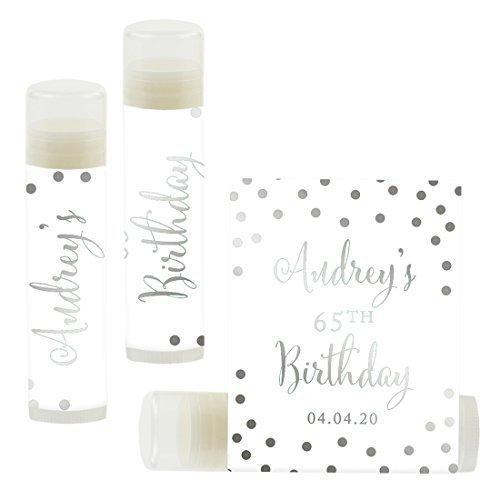 Set of 12 Personalized Milestone Birthday Party Lip Balm Party Favors, Custom Name and Date-Set of 12-Andaz Press-Metallic Silver Ink on White-