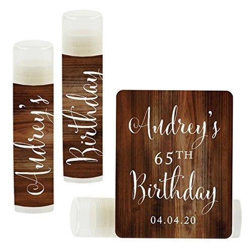 Set of 12 Personalized Milestone Birthday Party Lip Balm Party Favors, Custom Name and Date-Set of 12-Andaz Press-Rustic Wood-
