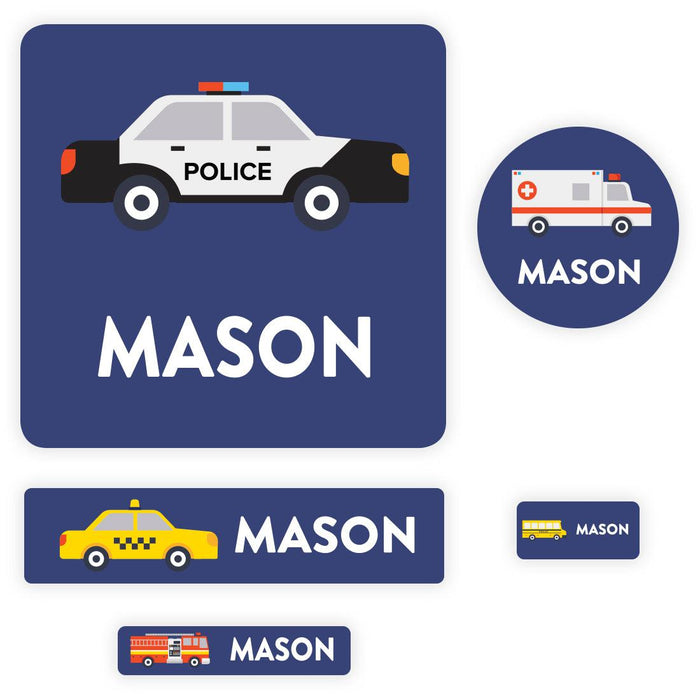 Set of 120 Custom Waterproof School Name Labels, Back to School Supplies-Set of 120-Andaz Press-Fire Truck, Police Rescue, School Bus-
