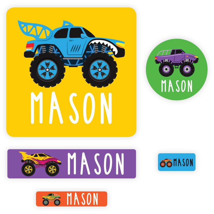 Set of 120 Custom Waterproof School Name Labels, Back to School Supplies-Set of 120-Andaz Press-Monster Trucks-