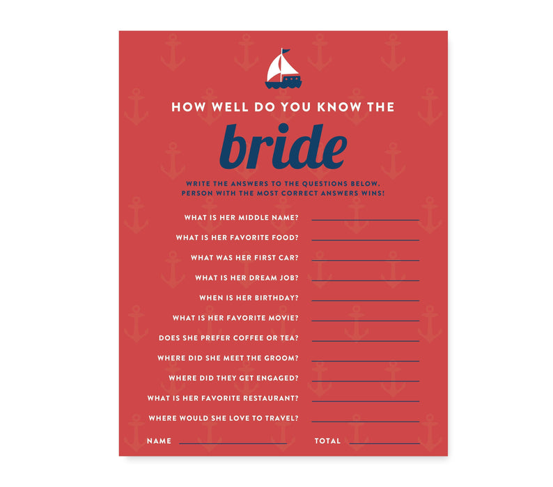 Set of 20 Nautical Ocean Adventure Wedding Bridal Shower Game Cards-Set of 20-Andaz Press-How Well Do You Know The Bride?-