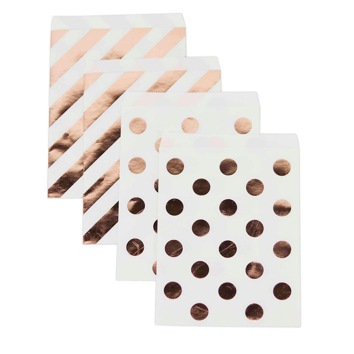 Set of 24 Foil Favor Bags, Polka Dots and Striped, Shiny Metallic-Set of 24-Andaz Press-Rose Gold-