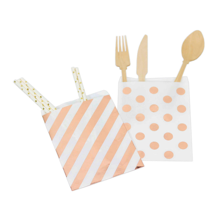 Set of 24 Foil Favor Bags, Polka Dots and Striped, Shiny Metallic-Set of 24-Andaz Press-Rose Gold-